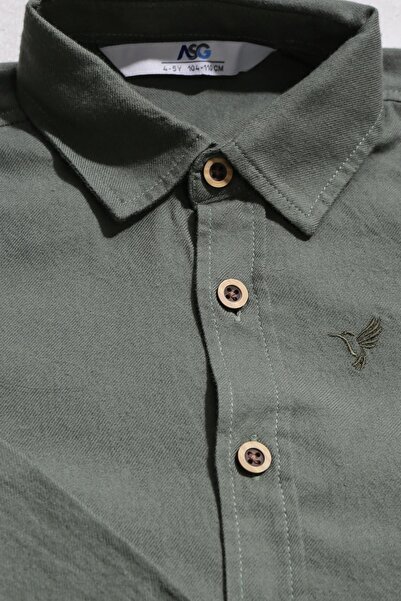 ASG TEKSTİL Haki Renk Kahve Düğmeli Uzun Kol Çocuk Gömlek