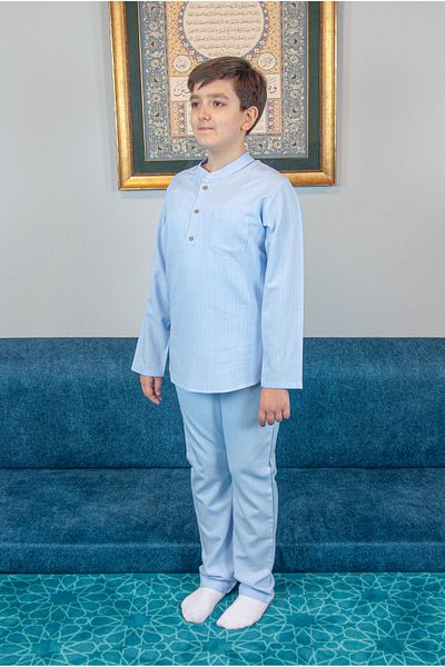 ihvanonline Boy's Hajj Umrah Half Placket Shirt Pants Set - Blue (Krk)