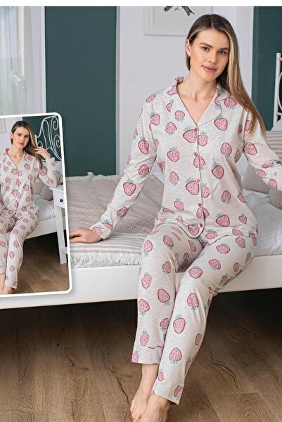 Hipo Trend Komplet pidžama sa sivom košuljom i uzorkom jagoda