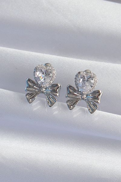 Skygo Brass Silver Color Zircon Stone Heart Model Bow Earrings - Tj-Bkp9310