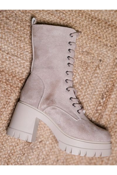 Munshoes Emma Lace-Up Beige Suede Γυναικείες Μπότες