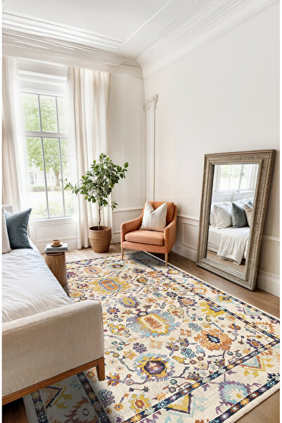BigArts Home Modern Vintage Renkli Çiçek Motifli Dijital Şönil Halı - Kaymaz ...