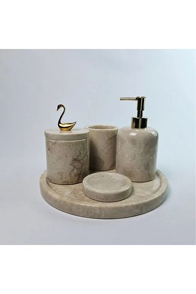 ege gross Decorative Natural Beige Marbroom Accessory 5 Pieces Marbroom Bathroom Set / Marbroom Bathroom Set