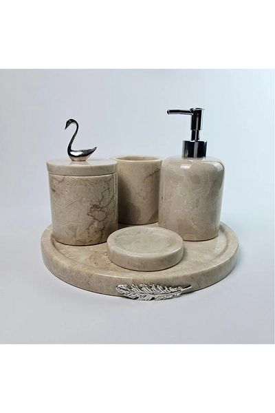 ege gross Decorative Natural Beige Marbroom Accessory 5 Pieces Marbroom Bathroom Set / Marbroom Bathroom Set