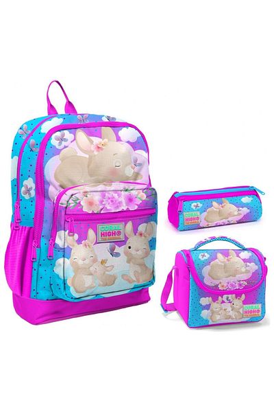 Coral High Set de genți pentru școala primară triplă Pink Blue Rabbit
