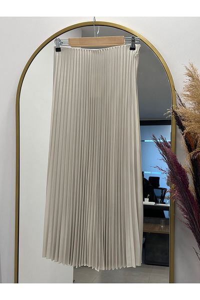 Ebrar Store Stone Colored Orchid Leather Look Thin Pleated Lacquer Skirt - Ci2988