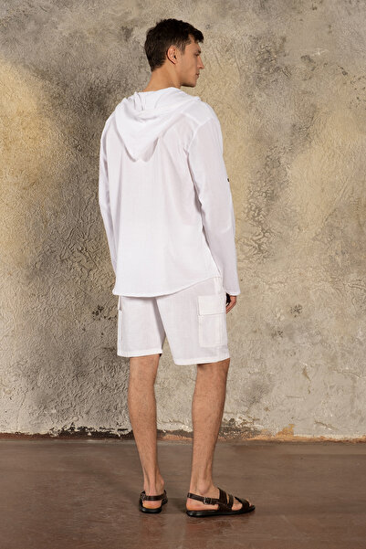 Sosyete Kaplumbağa Cotton Linen Hooded Long Sleeve Men's Shirt