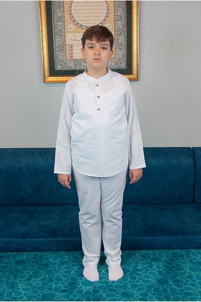 ihvanonline Boy's Hajj Umrah Half Placket Shirt Pants Set - White (Krk)