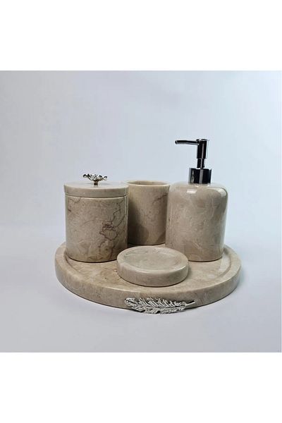 ege gross Dekorati̇F Natural Beige Marble Accessory Detailed 5-Piece Marble Bathroom Seṫ /Marble Bathroom Set