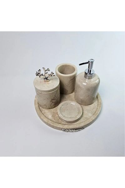 ege gross Dekorati̇F Natural Beige Marble Accessory Detailed 5-Piece Marble Bathroom Seṫ /Marble Bathroom Set