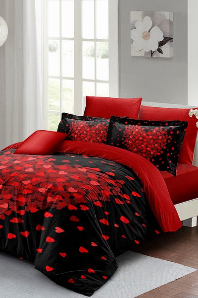 MonoHome Elastic Cotton Satin Double Heart Duvet Cover for Valentine's Day - Heart Black