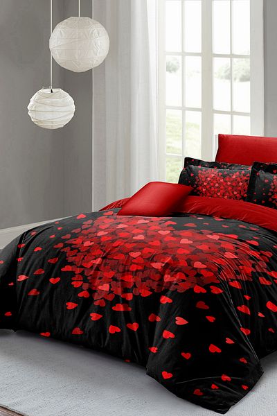 MonoHome Valentine's Day Cotton Satin Double Heart Duvet Cover Heart Black