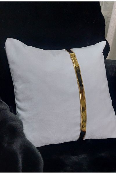 BALADI HOME White Pillow Case Velvet Fabric Gold Leather Accessories Square Throw Pillow Case Measuring (40 X 40 cm)