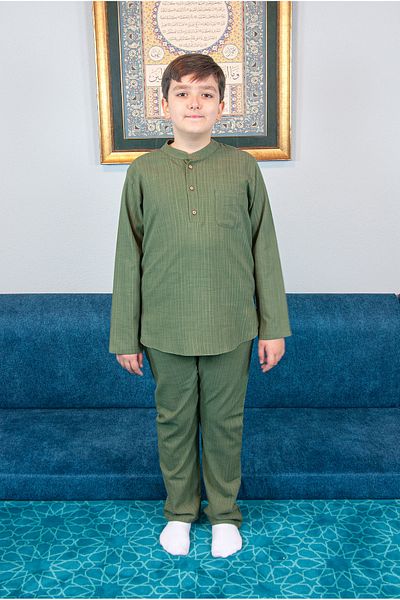 ihvanonline Boy's Hajj Umrah Half Placket Shirt Pants Set - Green (Krk)