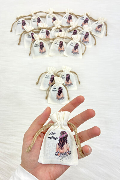 ZEYMERADE Gelin Figürü Baskılı Dokulu Kese Kınalı, 10 Adet Ölçü 7x9cm, Söz Kı...