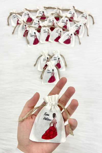 ZEYMERADE Gelin Figürü Baskılı Dokulu Kese Kınalı, 10 Adet Ölçü 7x9cm, Söz Kı...