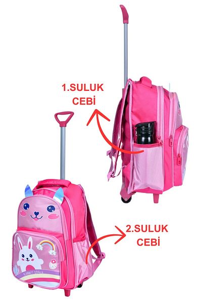 Alfa MEC Imprimat iepure roz cu racletă, spate ortopedic, ghiozdan pentru școală primară + cutie de prânz