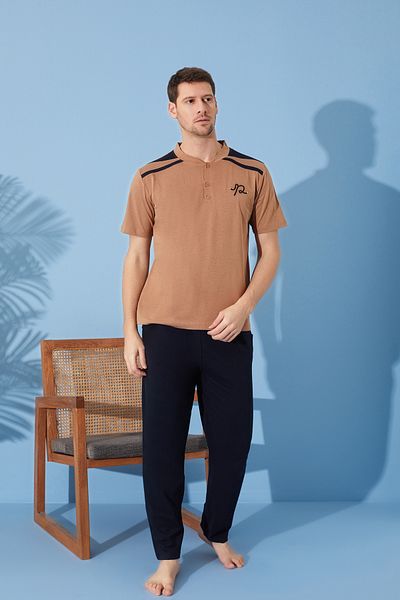 Prestij İç Giyim Cotton Regular Fit Crew Neck Short Sleeve Men's Pajamas Set