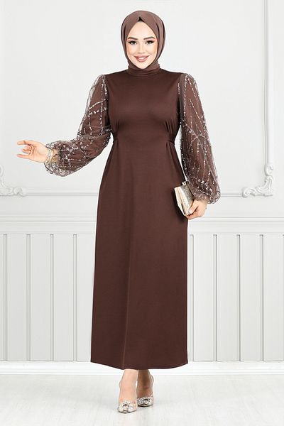 ModaMerve Coffee Color Glitter Detail Evening Dress 5602End900-M