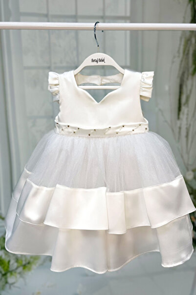 Bertuğ Bebek Boncuk İşlemeli Beyaz Saten Kız Çocuk Bebek Abiye Gelinlik Elbise