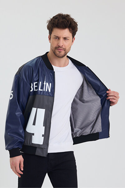 Black Level Чоловіча oversize шкіряна куртка з принтом і коміром-стійкою, куртка-бомбер, повсякденна куртка