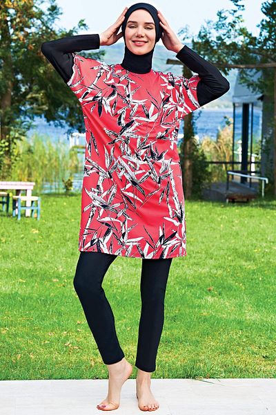 Ruko Maio 2411-2 Oversize Patterned Lycra Water Repellent and Quick Drying Fabric Hijab Swimsuit