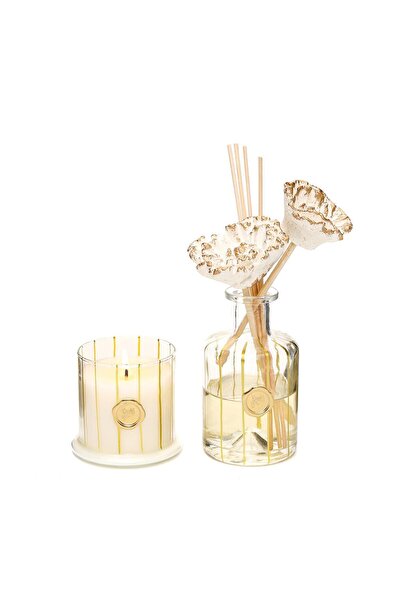 Missi 200 ml Gold Boyalı Cam Şişe Oud Vanilya Oda Kokusu ve Mum Seti