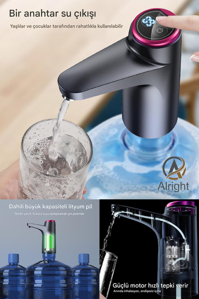 Alright Şarjlı Damacana Su Pompası Profesyonel Tasarım 600ML Sınır Tuşlu (car...