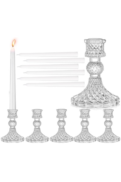 Home Zone 12 قطعة من حاملات الشموع الماسية مع شموع بيضاء طويلة (شفافة)