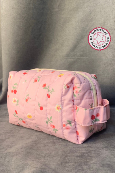 Uretti - Petek 7523 El Yapımı Pembe Çiçekli Makyaj / Bakım Çantası