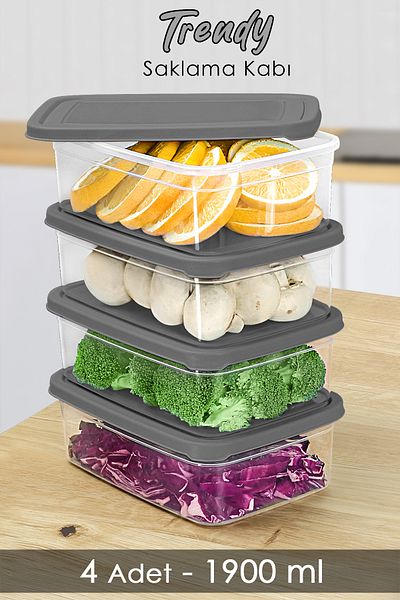 Meleni Home 4 Pieces Gray Rectangular Food Storage Container - 1900ml Microwavable Organizer