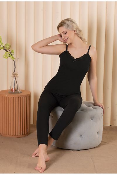 ModaLeaf Fashion Leaf Women's Pajamas Set with Black Lace Detail Rope Straps and Leggings 211