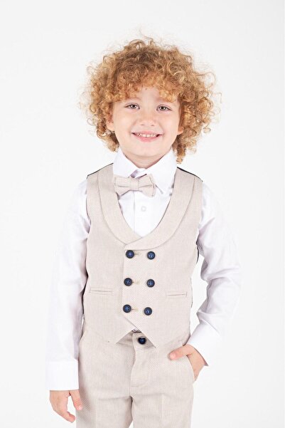 Magu Krem Çocuk Takım Elbise Şık Tasarım Papyonlu Yelekli Ceketli Smokin