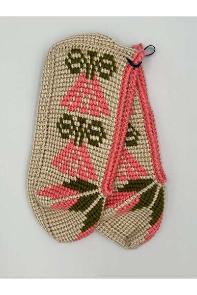 Şatilli Handmade Patik Tunus işi patik el örgüsü patik bej pembe çiçekli el emeği patik  Çorap 36-37