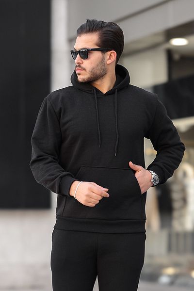 ruNadeS Hanorac pentru bărbați din fleece, cu glugă, cu buzunar cangur - Hanorac de bază cu trei fire