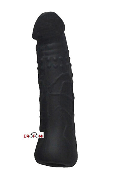 Ucu 5 Cm Dolgulu 18 Cm Ultra Süper Realistik Siyah Uzatmalı Penis Kılıfı
