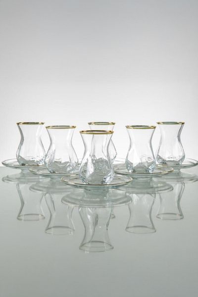 Heda Porselen Alya 12 Piece 6 Person Gold Gilded Turkish Tea Set
