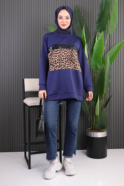 İmajButik Μπλε Navy Modal Tunic με Leopard στο μπροστινό μέρος