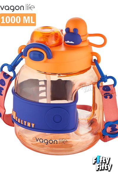 Vagonlife 1000 ML Children's Water Bottle with Neck Strap and Straw - Single Lid, Dual Use - FFVGN627