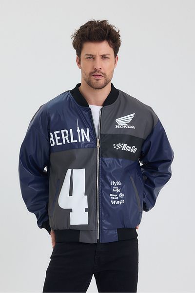 Black Level Men's Oversize Leather Garnished Printed Biker Coat College Jacket Bomber Casual Coat
