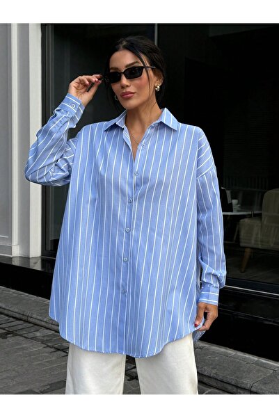 Muzzem Dámská pruhovaná modrá popelínová košile oversize