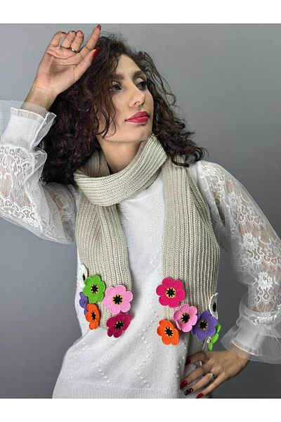 Gönülden Tasarım GÂT DE Eșarfă DE FEMEIE TRICITĂ MÂNĂ CU DESIGN DE FLORI 160X15 CM