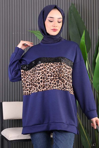 İmajButik Μπλε Navy Modal Tunic με Leopard στο μπροστινό μέρος