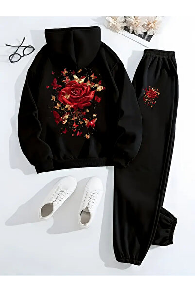 Frisson Γυναικείο Σετ Φούτερ με Κουκούλα και Παντελόνι Τζόγκερ με Φλοράλ Σχέδιο