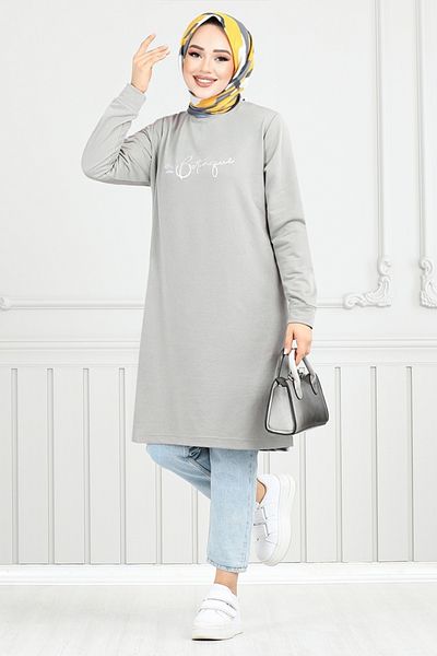 ModaMerve Γκρι Lurex Hijab Tunic - 798OZR1047-M