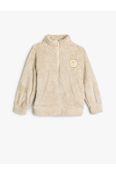 Koton Girls Oversize Plush Sweatshirt Stand Collar Half Zip Long Sleeve