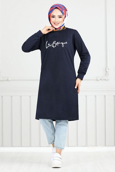 ModaMerve Ασημί γράμματα Hijab Tunik - 798OZR1047-M Navy