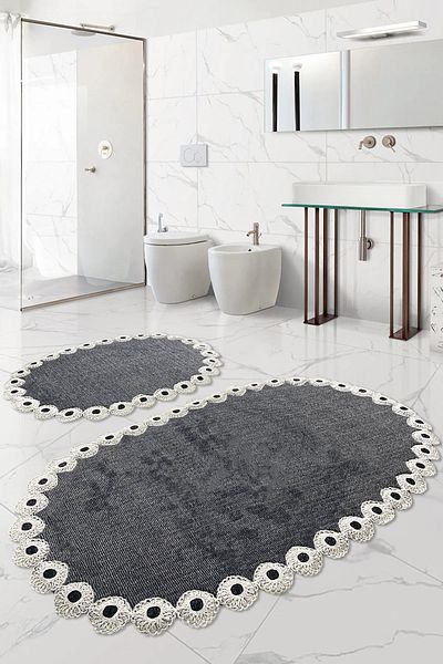 Bonny Home Gülruba Οβάλ Ανθρακί Προίκα Δαντελωτό Σετ Χαλάκι Μπάνιου 2 Αντιολισθητική Βάση Σετ Τουαλέτας