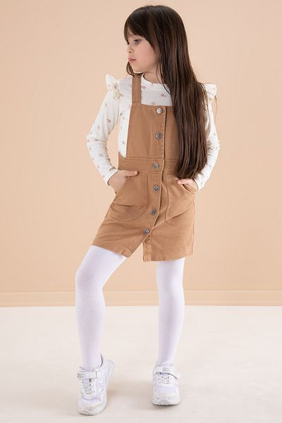 Cansın Mini Brown Colored Flower Patterned - Badili Girl's Salopet Set 20181