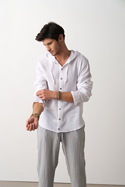 Sosyete Kaplumbağa Muslin Cotton Long Sleeve, Soft Hooded Men's Shirt